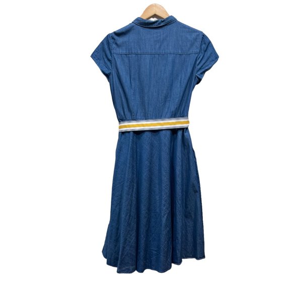 Anthropologie Boden Dress Blue Short Sleeve Spread Collar A-Line Size 8L - Picture 2 of 11